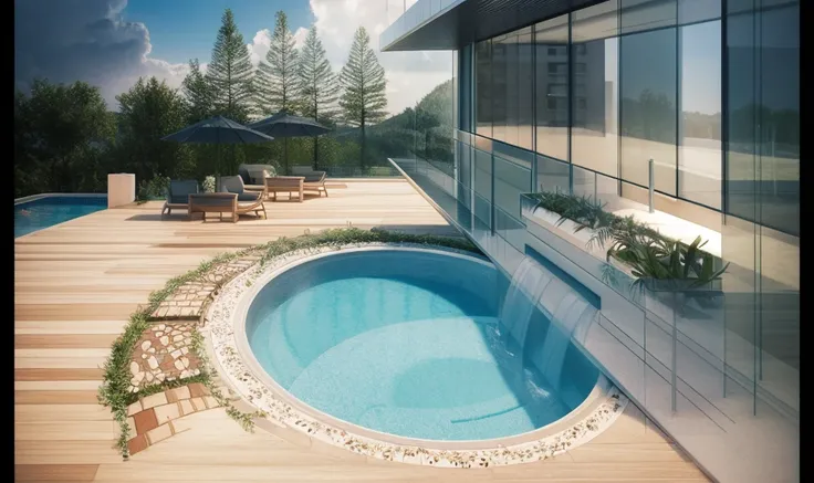 The water curtain wall is left in the circular pool，There is a circle of plants outside the pool，The outside of the plant is surrounded by a gravel path，The floor is wooden