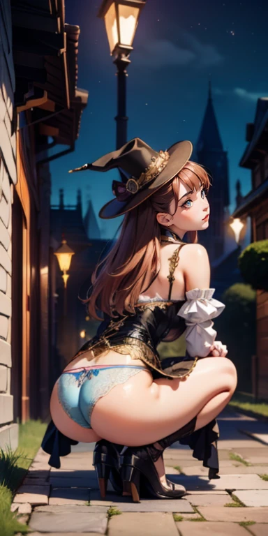 NSFW,Best possible quality, high resolution 8k,under the moonlight，night city，night street,most Beautiful woman with a dress and hat ,cat pose，squatting on all four，all four on ground, tanned skin, fine hat, elegant,fantasy Victorian art, Victorian inspire...