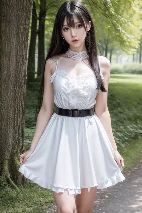 masterpiece++, best quality++, ultra-detailed+, extremely detailed++, 4K, 8K+, best quality, beautiful+, anime style,1person,full body image,summer,park,white lacefrill mini slipdress,narrow leather belt bound waist,very slim waist,beautiful straight black...