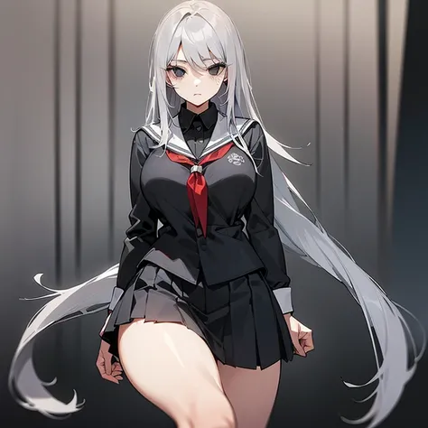 (((Alone))),(((Mature Woman))),(((Long Gray hair without bangs))),(((Completely black eyes))),(Lush body with light curves),(((Wearing school uniform)))