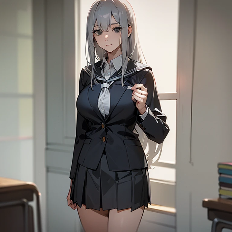 (((Alone))),(((Mature Woman))),(((Long Gray hair without bangs))),(((Completely black eyes))),(Lush body with light curves),(((Wearing school uniform)))