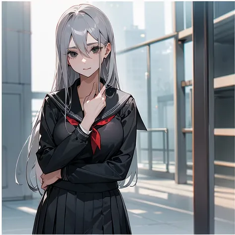 (((Alone))),(((Mature Woman))),(((Long Gray hair without bangs))),(((Completely black eyes))),(Lush body with light curves),(((Wearing school uniform)))