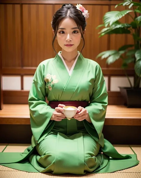 green color kimono dress, Japanese tea ceremony, holding Japanese tea