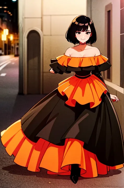 1 girl, teenage, black hair, short black hair, medium hair, bob hair, black eyes, off shoulder dress, orange ruffle off the shou...