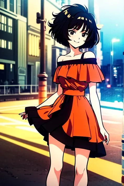 1 girl, Teenage, Black hair, Short black hair, Medium Hair, Bob Hair, Black eyes, off shoulder dress, orange ruffle off the shoulder top, long black skirt, Flamenco Dress, Flamenco dancer, holing her skirt, showing her bare legs, Smile, the city street, Se...