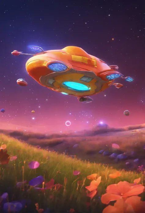 Disney Pixar-style image of a colorful spaceship landing gently in a field of twinkling stars.