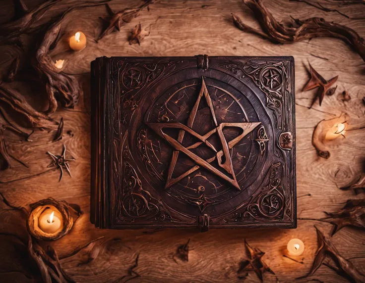 a wooden book with a pentagram on it, spell book, grimoire, lost grimoire, grimoire page, floating spellbook, spell casting wiza...