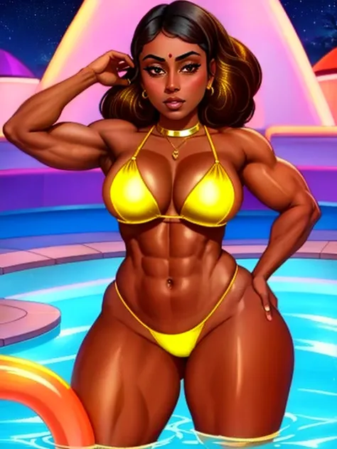 solo, indian ifbb bimbo, priyanka maheswaran, (shiny gold bikini), dark skinned, thick lips, night pool, biopunk