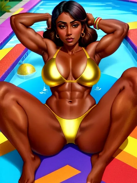 solo, indian ifbb bimbo, priyanka maheswaran, (shiny gold bikini), dark skinned, thick lips, night pool, biopunk, swimming