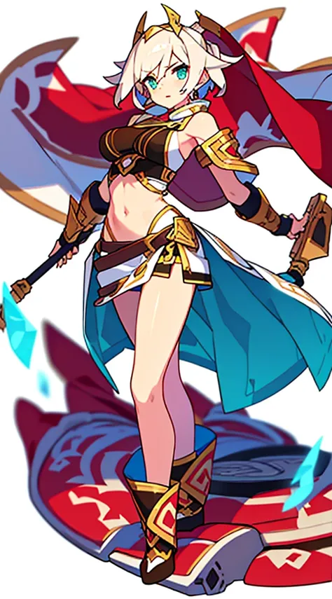 solo female, midriff, (((blurry background, white background))), character focus, fantasy clothes, standing, armlet, character design,
