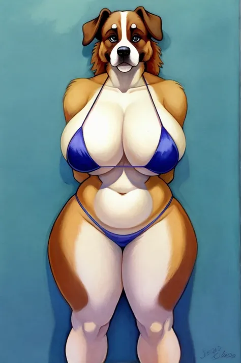 Solo, Furry, Anthro, Saint Bernard, Female, E621, Wearing Bikini, Standing, Big Curves, Front View, Hands Behind Back, Huge Ass, Huge Breasts, Simple Background,by Jessie Willcox Smith
