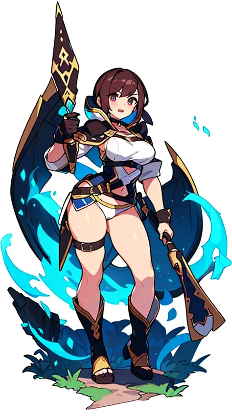 solo woman, (((blurry background, white background))), character focus, fantasy clothes, standing, full body, shorts, holding weapon, thong,
