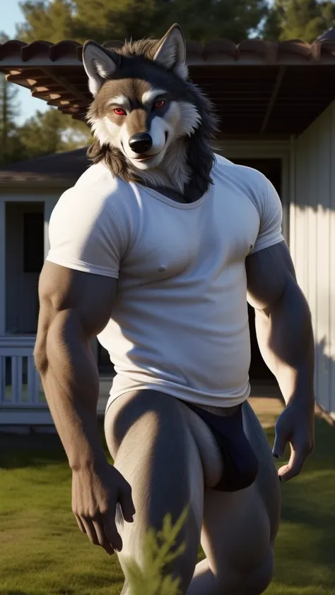 Spicy portrait of a furry wolf alone seductive smile wearing a sexy thong and a white t-shirt looking at the viewer beautiful and sexy red eyes muscular man a realistic house background outside outdoors hot and rough posing for camera endowed porn actor ga...