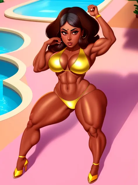 solo, indian ifbb bimbo, priyanka maheswaran, (shiny gold bikini), dark skinned, thick lips, night, pool, crystal heels, swimming