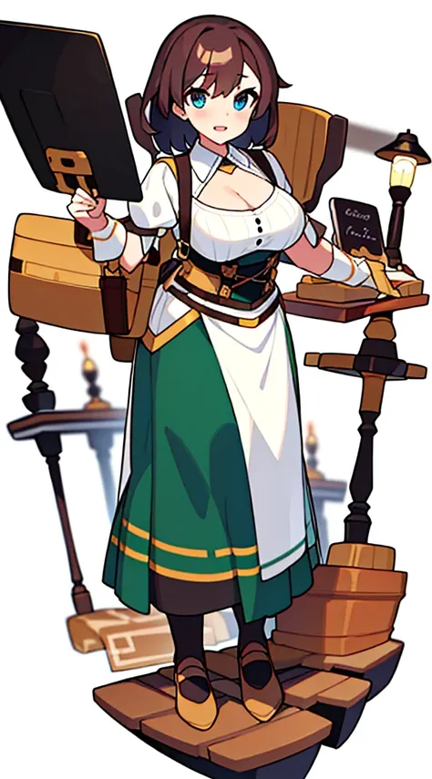 solo woman, (((blurry background, white background))), character focus, standing, full body, clerk, salesperson, Earth Tones Color outfit, dirndl, bustier,  librarian, 
