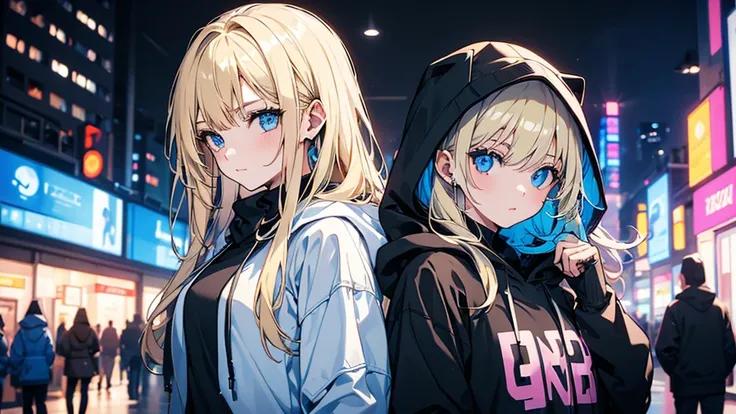 (1 girl, blonde hair, blue eyes, black hoodie, kawaii), (sports car), (blue cyberpunk, night city, blue neon)