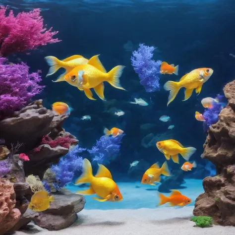 Aquarium, large fish tank, school of colorful fish, underwater landscape, aquarium, beautiful environment, trending photography, underwater world, fish swimming, underwater light, water surface.