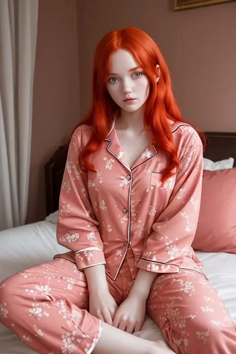 There is a woman sitting on a bed wearing a pink floral pajamas, red-haired girl, beautiful red-haired woman, red-haired woman, young red-haired girl, short bright red hair, red hair and attractive features, Anna Nikonova aka Newmilky, red-haired girl, red...