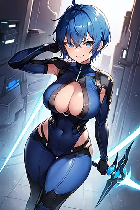 1girl, tomboy, pixie cut, very short hair, blue hair, blue eyes, black bodysuit, cutout, large breasts, wide hips, thick thighs, neon trim, futuristic, science-fiction, tech, smile, smirk, smug, sword, leotard, covered shoulders, sleeves, long sleeves