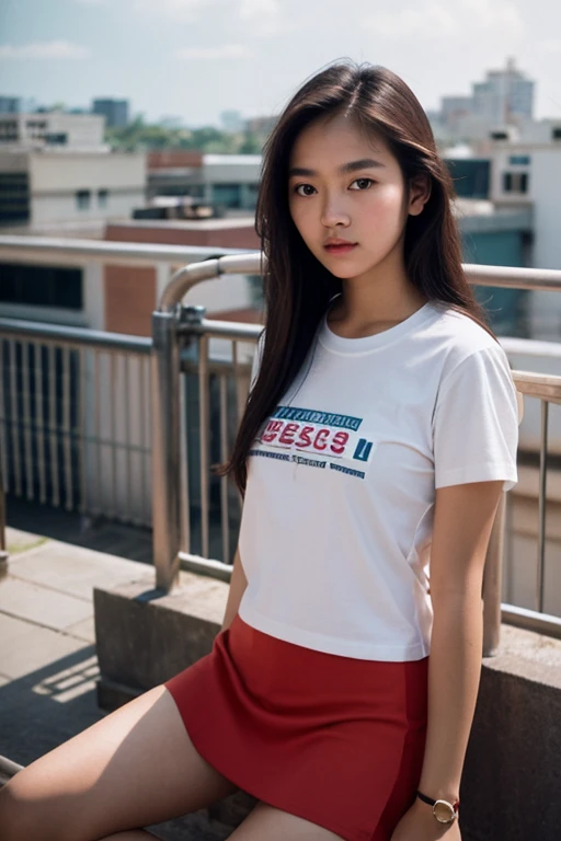 Thai lovly teen Woman, look at viewer, long hair, T-Shirt , mini skirt, (town rooftop), film grain, rim light