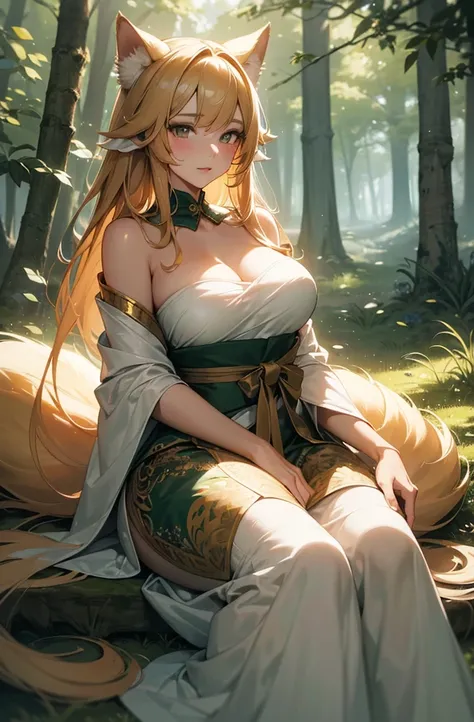 (best quality,4k,highres,masterpiece:1.2),ultra-detailed,realistic,photorealistic:1.37,a female nine-tailed fox,beautiful detailed eyes,beautiful detailed lips,extremely detailed fur,long fluffy tails,graceful posture,shimmering gold fur,lush green forest ...