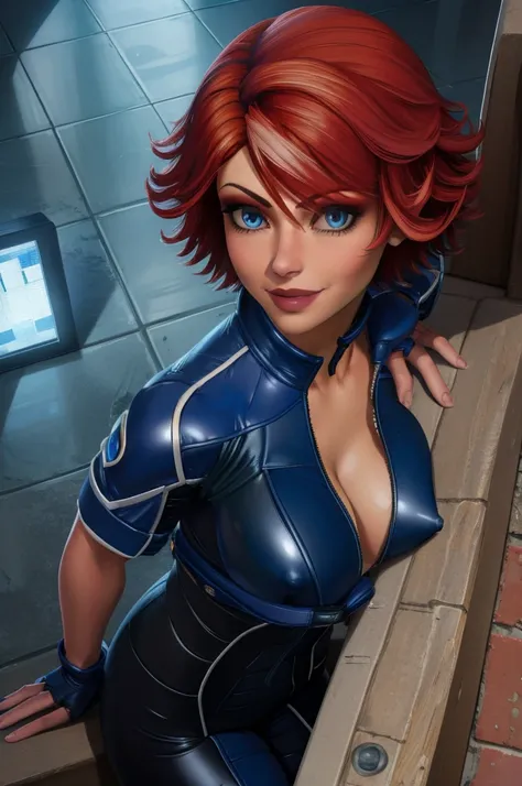 Joanna Dark,solo,short hair,blue eyes,red hair,  blush,  sitting,  from above, 
Blue cropped jacket, bodysuit,gloves,fingerless gloves,unzipped cleavage,    nipples, 
standing, upper body, smile,  teeth, close up, 
cruise ship, night, stars, 
(insanely det...