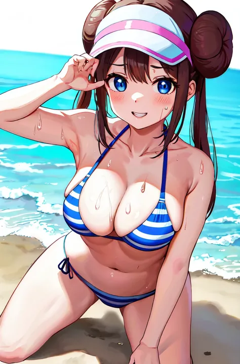 ​masterpiece, top-quality, hight resolution, RO1, girl with、Hair buns, blue eyess, Twin-tailed, Visor Cap, Pink striped bikini, wrist watch, middlebreasts, Kneeling,Hands behind the head、Armpits、 cowboy  shot, the beach, A smile,Sweat、Showing teeth