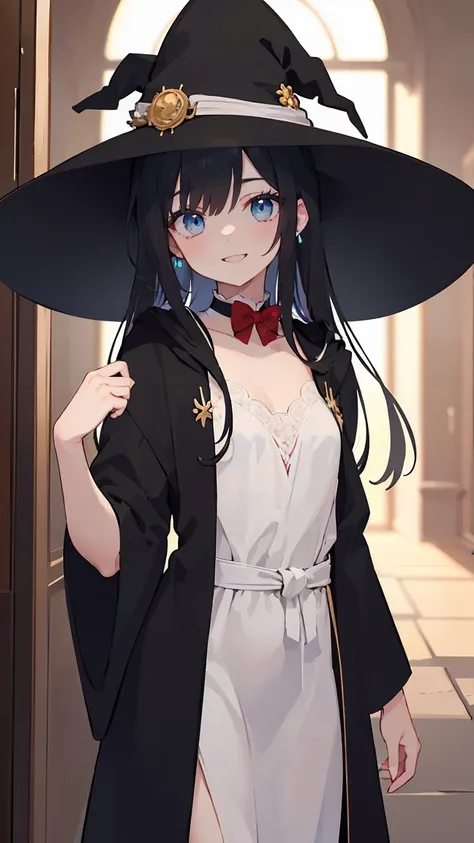 masterpiece, best quality, ultra detailed, 1girl, solo, from front, looking at viewer, long hair, light black hair color, red eyes, small breasts, wizard, Sorcerer’s Robe black color, witch hat black color, standing, collarbone, cowboy shot, indoors, bowti...