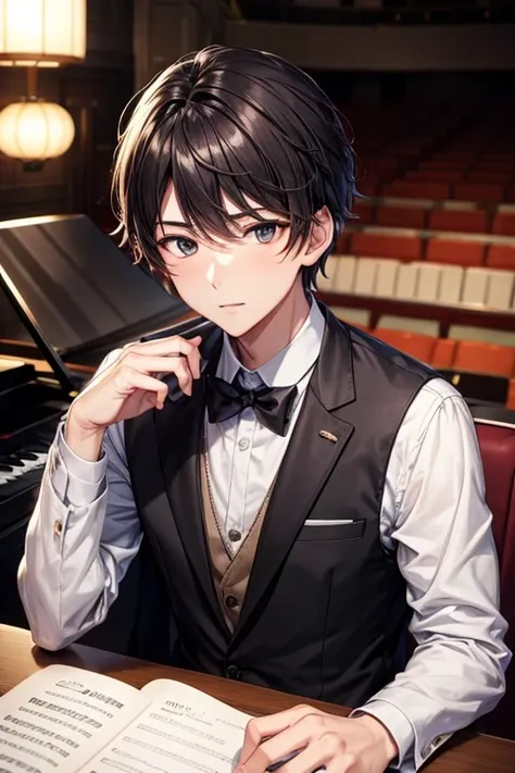 a handsome guy、pianist、playing a crystal grand piano、brown short hair、brown eyes、long sleeve、tuxedo、concert hall、High resolution、In 8K、sharp focus、zoom、with the best image quality、highest quality