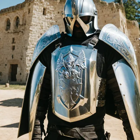 a girl in medieval armor,helmet,shield,armor plates,polished shield,sword and shield,defensive stance,protector,defender,shield raised,engraved emblem,strong and sturdy shield,resilient shield,embossed patterns on the shield,vibrant colors,shiny surface,me...