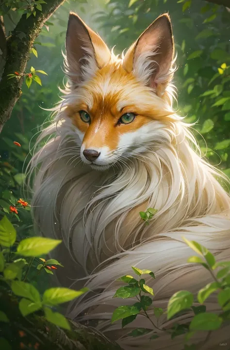 (best quality,4k,highres,masterpiece:1.2),ultra-detailed,realistic,photorealistic:1.37,a female nine-tailed fox,beautiful detailed eyes,beautiful detailed lips,extremely detailed fur,long fluffy tails,graceful posture,shimmering gold fur,lush green forest ...