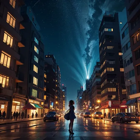 Na penumbra noturna, the city awakens to a mosaic of lights that dance between towering skyscrapers. No topo de um desses gigantes de concreto, a girl sits delicately on the edge, os cabelos ao vento. Your eyes absorb the urban vastness, enquanto um fone d...