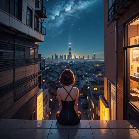 Na penumbra noturna, the city awakens to a mosaic of lights that dance between towering skyscrapers. No topo de um desses gigantes de concreto, a girl sits delicately on the edge, os cabelos ao vento. Your eyes absorb the urban vastness, enquanto um fone d...