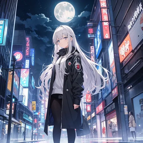 anime, huge moon, night city, gray hair, big clothes, girl, 京都animeーション スタイル, Witstudio style, Production I.G style, CloverWorks style