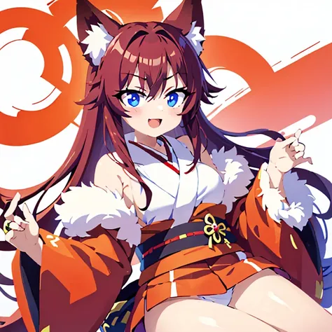 girl，animal ears，Crimson hair，Colored sclera，White skin，fox ears，狐狸girl，狐狸Tail，fur，kimono，fox demon，long hair，Miko，Doobi，Open your mouth，红色kimono，belt，Smile，Tail，ring，Eye，Checkered shirt，apron，brown hair，petite，cute，Crimson hair，naïve，squint，The background...