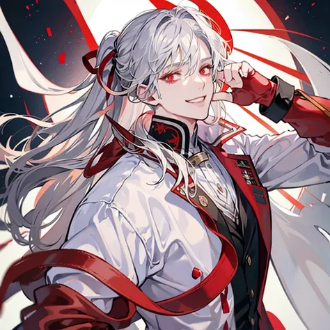 gray hair anime guy,red eyes,Put your hands on your face, white and red blazer, a silver haired mad, Tall anime guy with red eyes,grin,Nihilistic smile