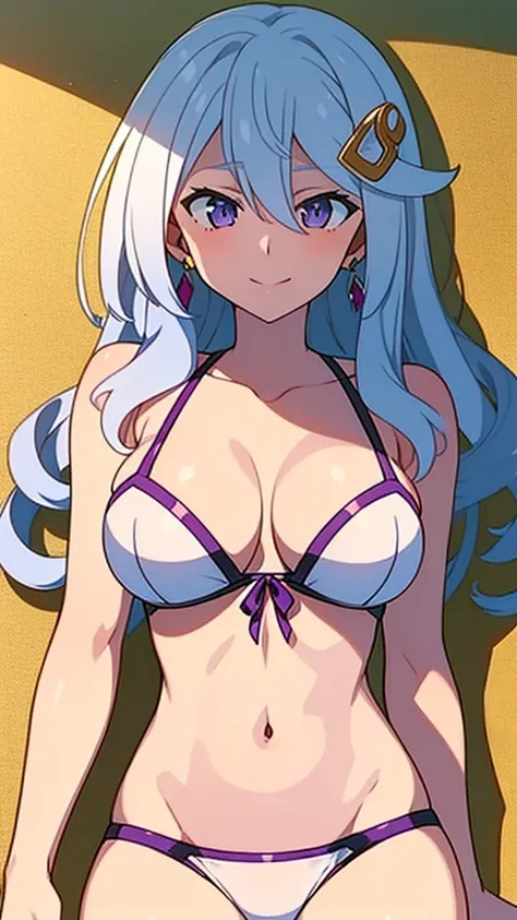 masterpiece, best quality, 1 solo girl, white hair, purple eyes, wavy hair, long hair, medium breasts, mature body and face, white bikini, jewelry, hair ornament, earrings, ball, lying at the sand, white sand, summer, cowboy shots, sexy pose, dakimakura, d...