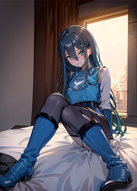 highest quality,sleep on your back in bed，Crab crotch，show me your boots，thigh high boots，leotardチラ見せ，glove，elegant, 1 girl, leotard，body suit，cute, blushed, looking at the viewer, from below, prison，blue eyes, beautiful eyes, beautiful background, particl...