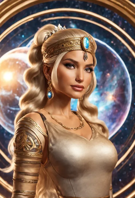 roman senate, beautiful busty native american woman, wearing tight fitting silk dress uniform, standing before a holographic planet display, blonde hair, long hair, ponytail, crown braid, tiara, mole under eye, sparkling eyes, seductive smile, Art Deco, UH...