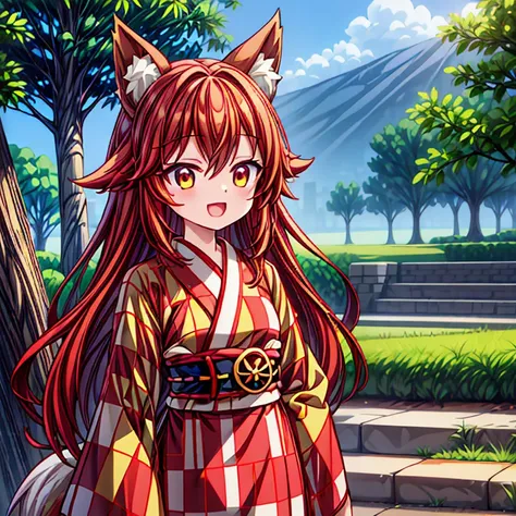 girl，animal ears，Crimson hair，Colored sclera，White skin，fox ears，狐狸girl，狐狸Tail，fur，kimono，fox demon，long hair，Miko，Doobi，Open your mouth，红色kimono，belt，Smile，Tail，ring，Eye，Checkered shirt，apron，brown hair，petite，cute，Crimson hair，naïve，squint，The background...