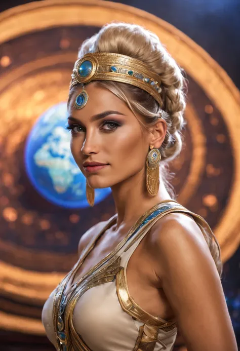 roman senate, beautiful busty native american woman, wearing tight fitting silk dress uniform, standing before a holographic planet display, blonde hair, long hair, ponytail, crown braid, tiara, mole under eye, sparkling eyes, seductive smile, Art Deco, UH...