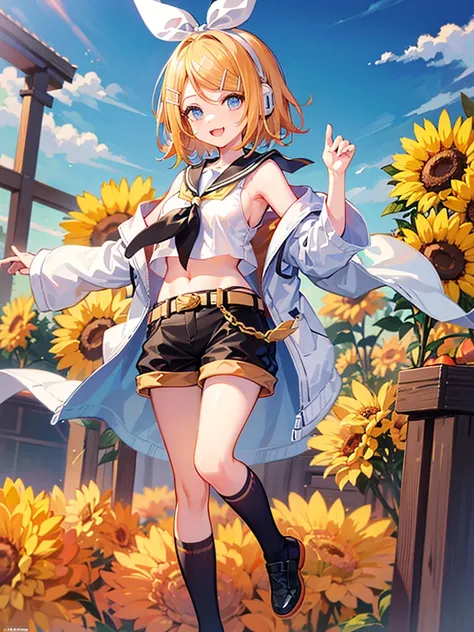 (kagamine_rin),   happy, she loves you, blue eyes, (small breasts), slender, sleeveless, head phone, (gold hair), short hair, sailor collar, black short pants, white shirt, belt, young, shiny sky, outdoor 泳装 惊恐 big breast