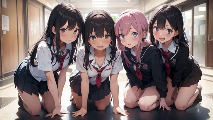 mastute piece,Best Quality,insanely detailed,
3girl,3girls line up,3girls on all-fours,3girls raise butts,3girls look at front,side by side,(nudity,school uniform,breasts out,no skirt,no bra,no panties,bare breasts),blush,shy,all girls pink hair,perfect br...