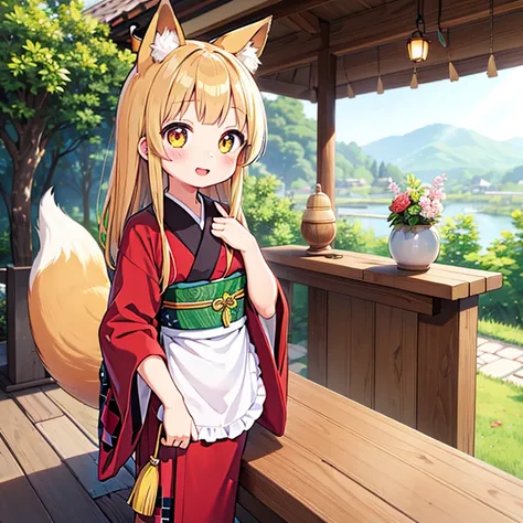 girl，animal ears，Earthy brown hair，Colored sclera，White skin，fox ears，狐狸girl，狐狸Tail，fur，kimono，fox demon，long hair，Miko，Doobi，Open your mouth，红色kimono，belt，Smile，Tail，ring，Eye，Checkered shirt，apron，Earthy yellow hair，petite，cute，rustic hair，naïve，squint，Th...