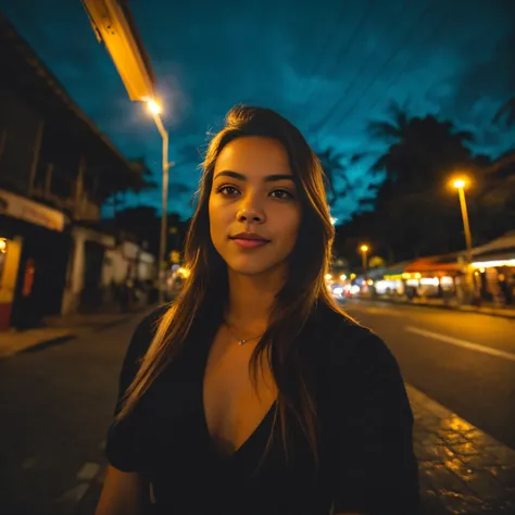 (selfie, vista do topo: 1.4), ( reta com  corpo inteiro: 1.4), Foto de retrato RAW UHD de uma loira de 24 anos (mulher de olhos azuis) caminhando por um beco escuro, seios grandes,, city at noite, (vestir), (Decote), detalhes (Texturas! , cabelo! , brilho,...