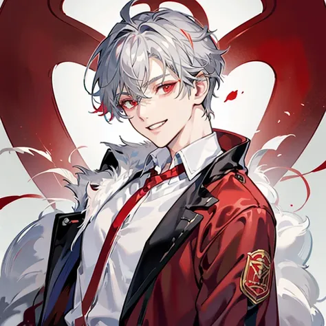 short gray haired anime guy,red eyes, white and red blazer, a silver haired mad, Tall anime guy with red eyes,grin,Nihilistic smile,upper body up