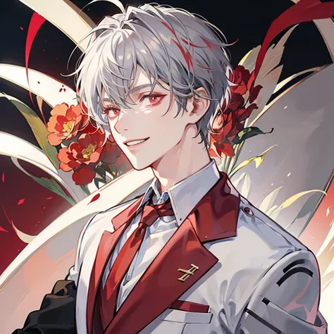 short gray haired anime guy,red eyes, white and red blazer, a silver haired mad, Tall anime guy with red eyes,grin,Nihilistic smile,upper body up