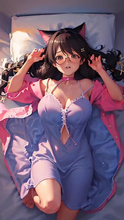 hanekawa tsubasa、attack of glasses、black hairの、big breastsのヌード、 (black hair, brown eyes, round face), big breasts, With ribbon, (blush your nose, Naughty, half-open eyes, drooling),on the bed in the infirmary, [full body shot]、BDSM、Lots of love juice、pale ...