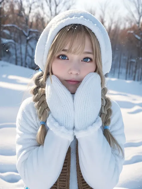 solo, snowの, snow, blonde hair, long hair, french braid, side lock, parted bangs, eyes are blue, detailed face, winter clothes, mittens, White headscarf, whole body, snowに覆われた森, Fascinating realm, (nose blush, heavy breathing:1.1), (broody:1.4)