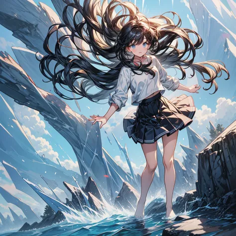 master piece,high quality,high resolution,High resolution,high contrast,Angle looking up from diagonally below,Realistic anime style,Rich and delicate drawings,full body,cute girl in a skirt,The strong wind is blowing and my hair is messed up,(The strong w...